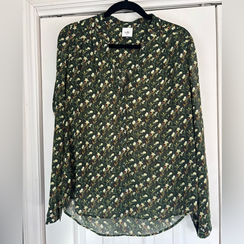 CAbi Dark Green Floral Blouse